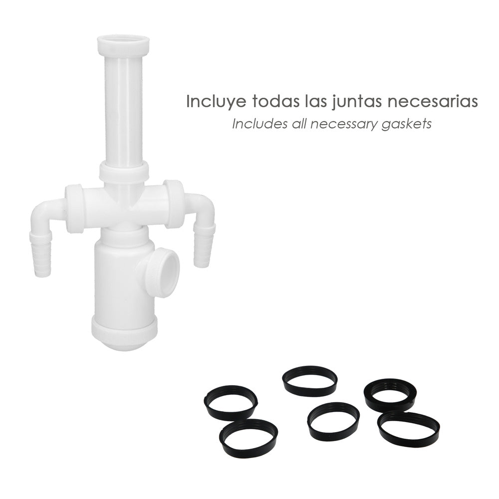 Sifão de garrafa extensível 1 1/2" saída ø 40mm 2 tomadas de máquina de lavar