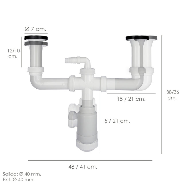 Sifon doble con valvula extensible 1-1/2" con sumideros de ø 70 mm. sifon fregadero cocina, sifon evacuación