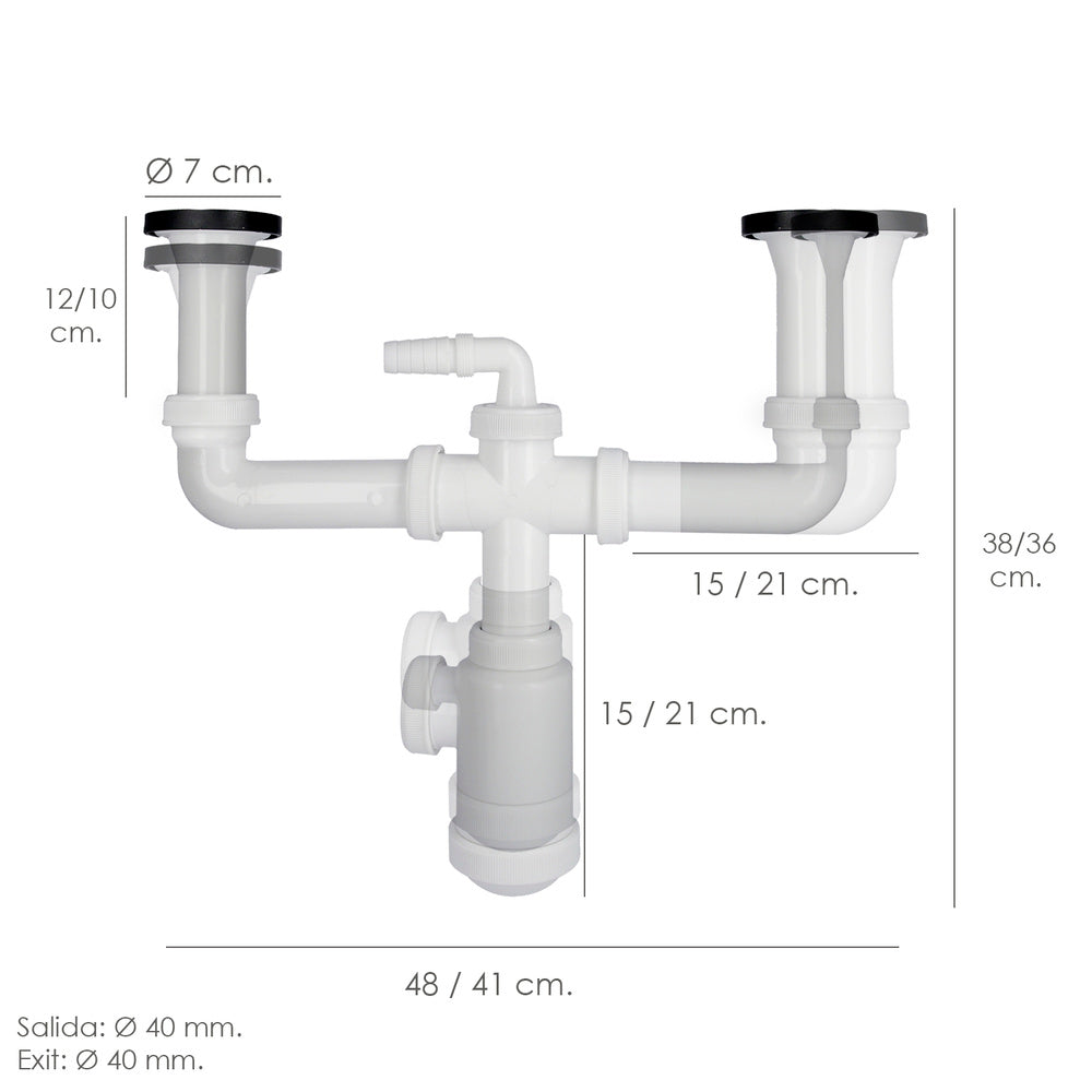 Sifão duplo com válvula extensível 1-1/2" com sumidouros de ø 70 mm sifão lava-louça cozinha, sifão de evacuação
