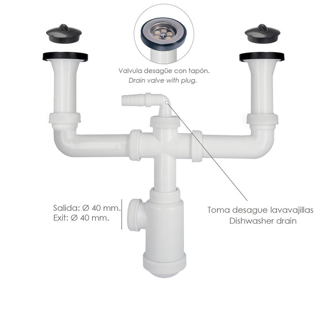 Sifon doble con valvula extensible 1-1/2" con sumideros de ø 70 mm. sifon fregadero cocina, sifon evacuación