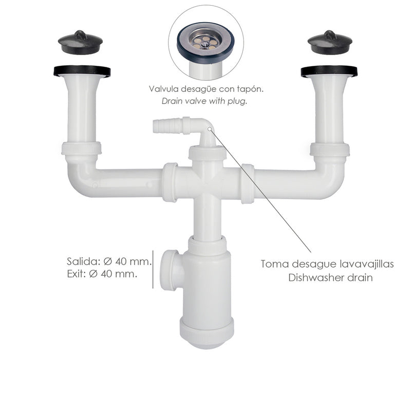 Sifon doble con valvula extensible 1-1/2" con sumideros de ø 70 mm. sifon fregadero cocina, sifon evacuación