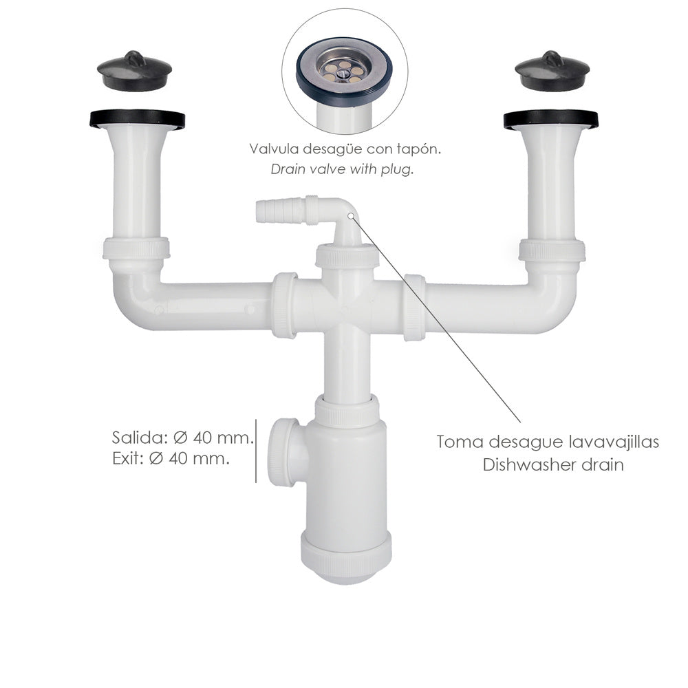 Sifão duplo com válvula extensível 1-1/2" com sumidouros de ø 70 mm sifão lava-louça cozinha, sifão de evacuação