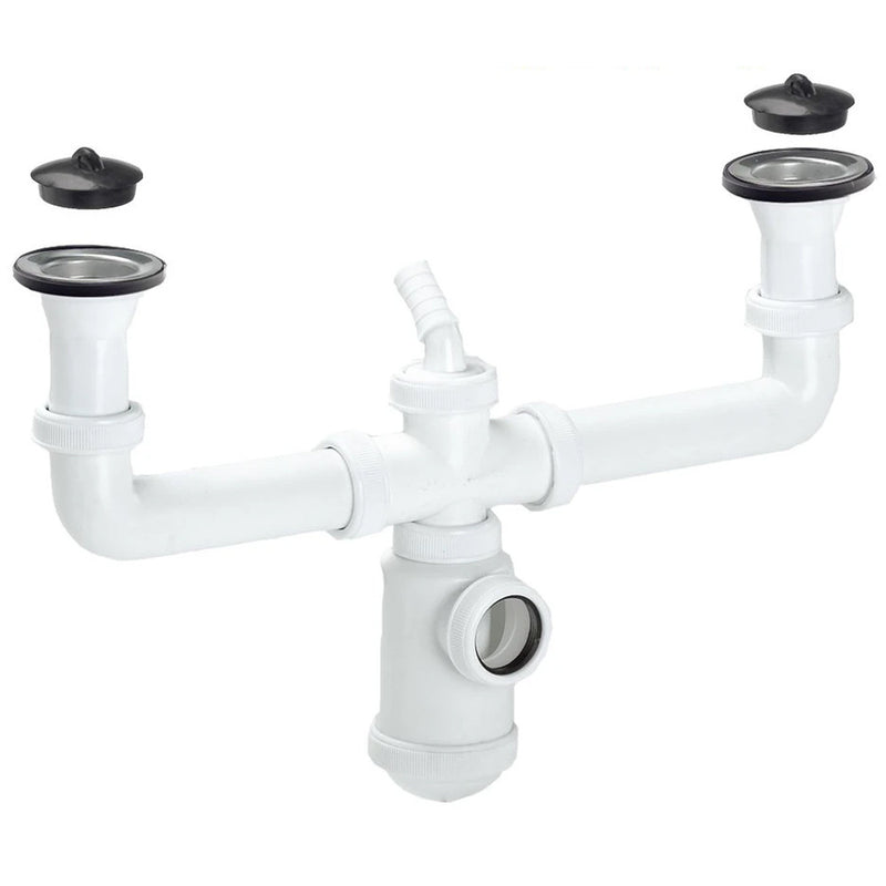 Sifon doble con valvula extensible 1-1/2" con sumideros de ø 70 mm. sifon fregadero cocina, sifon evacuación