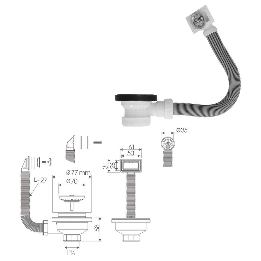 Sink valve ø70 mm 1 1/2" with overflow