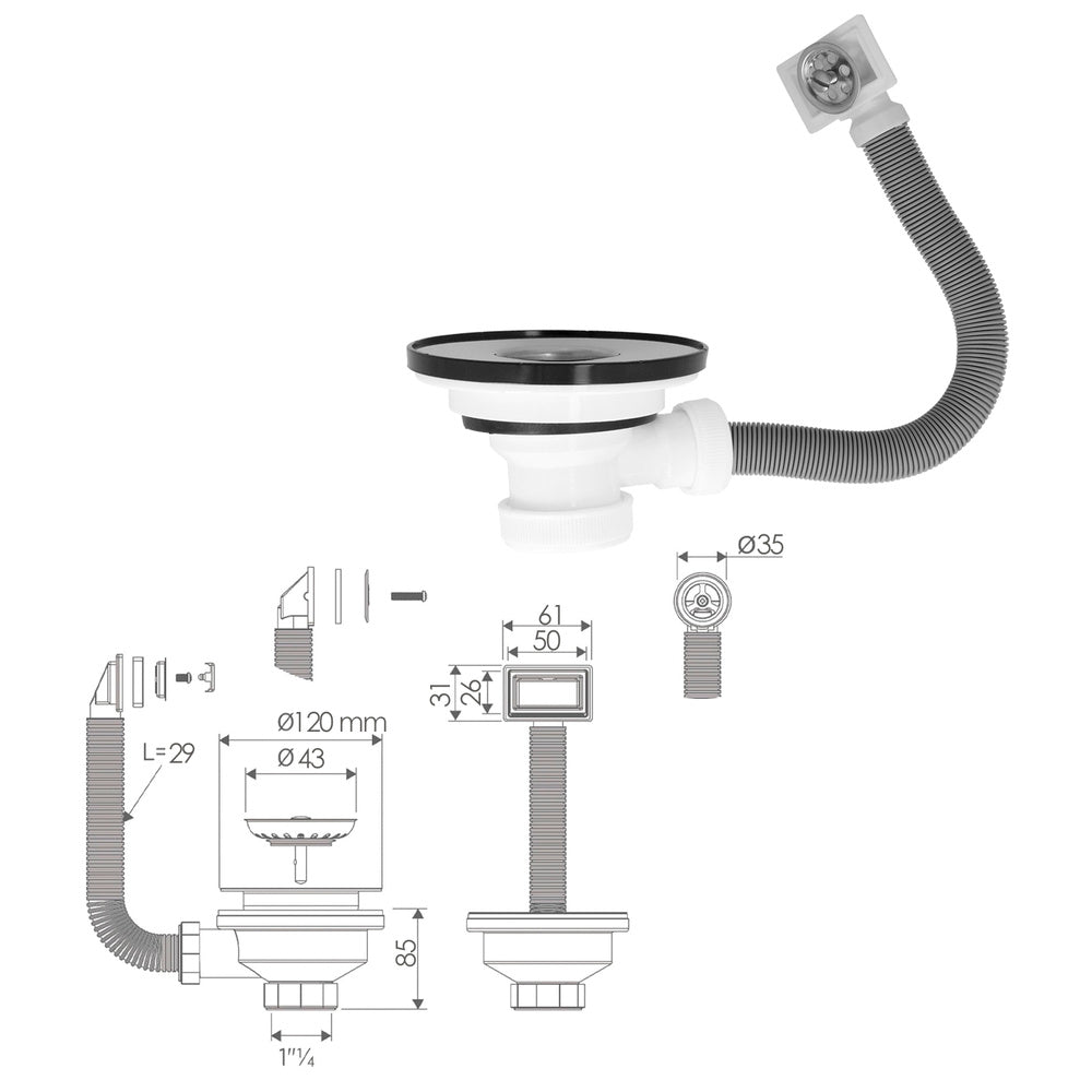Sink valve ø 115 mm 1 1/2" height 40 mm with overflow