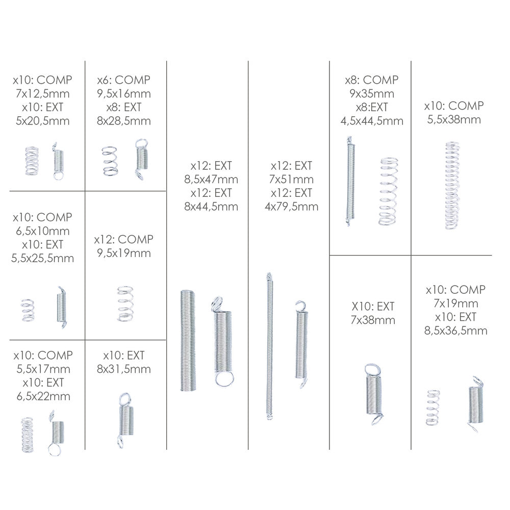 Kit maletin 200 muelles compresión / extensión con caja de almacenamiento, para todo tipo de herramientas y equipos