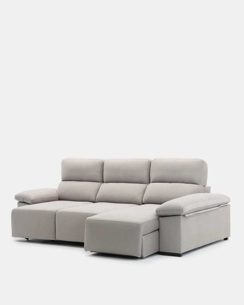 Sofá chaise longue cinzento de 3 lugares com design envolvente para sala de estar