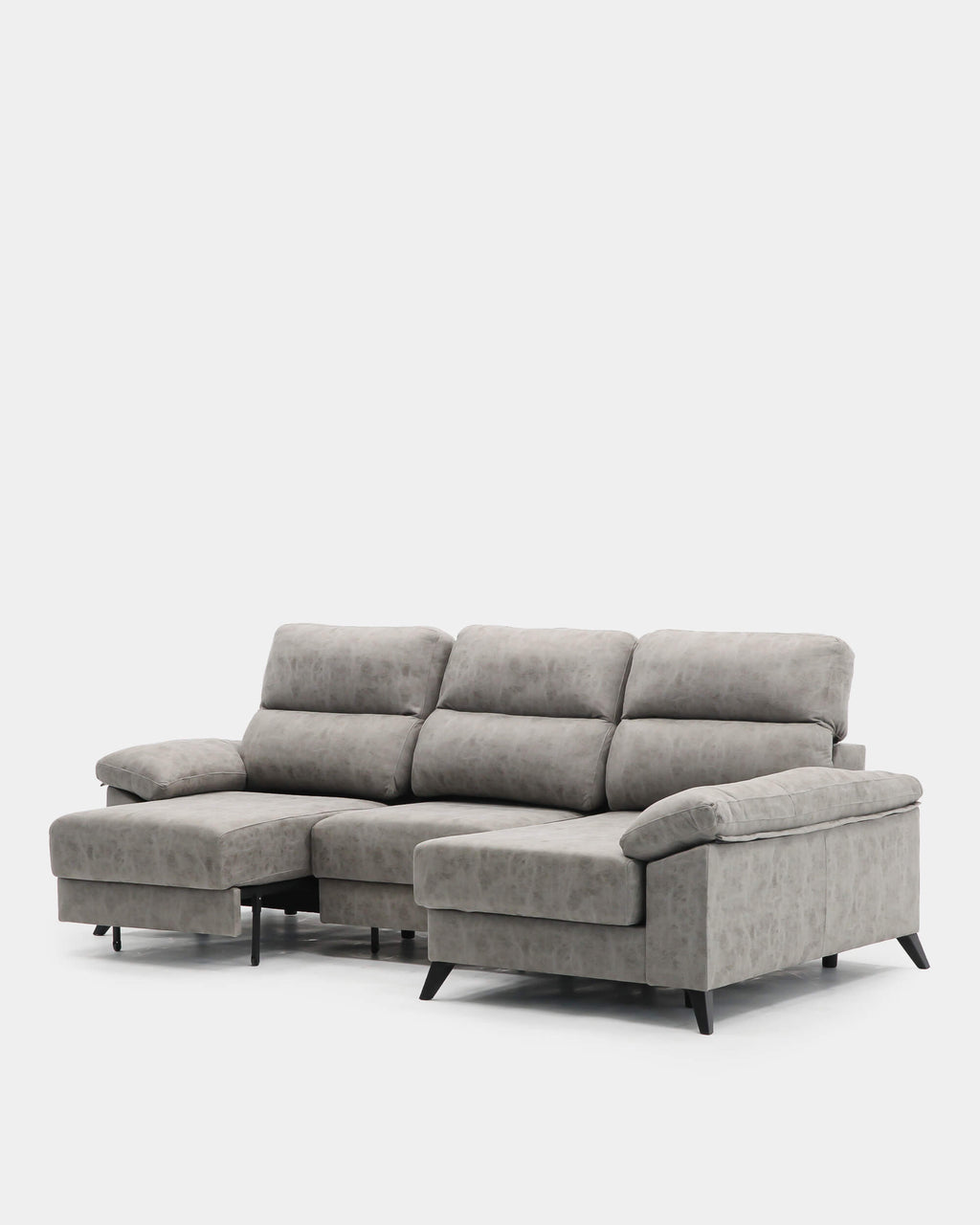 Sofá chaise longue cinzento de 3 lugares, 280 cm, com mecanismo extensível.