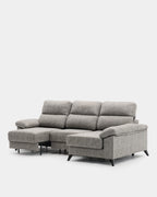 Sofá chaise longue cinzento de 3 lugares, 280 cm, com mecanismo extensível.
