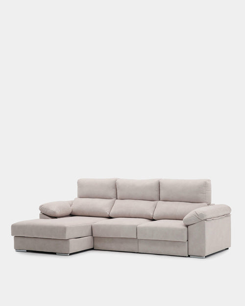 Sofá chaise longue de 3 lugares bege, resistente a manchas, para sala de estar.