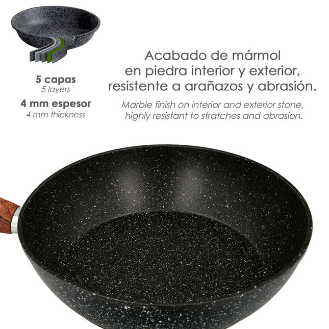 Sartén aluminio forjado antiadherente ø 28 x 5,5 cm. mango engomado / 5 capas / acabado piedra / apta para todo tipo de cocinas