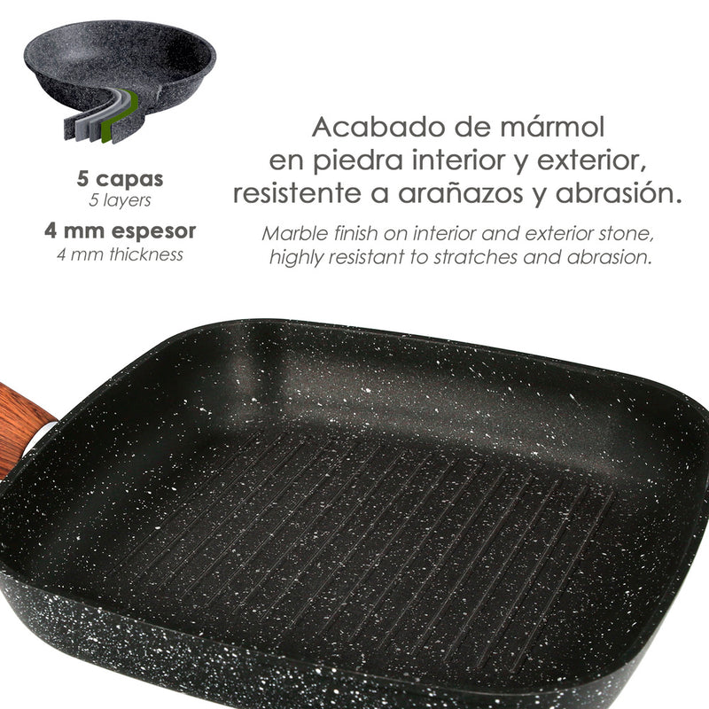 Sartén aluminio forjado antiadherente 24x24x4,5 cm. mango engomado / 5 capas / acabado piedra / todo tipo de cocinas / grill