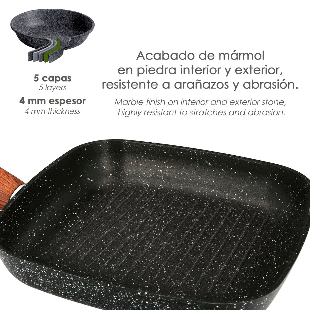 Sarten aluminio forjado antiadherente 24x24x4,5 cm mango engomado / 5 capas / acabado piedra / todo tipo de cocinas / grill