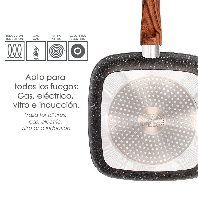 Sartén aluminio forjado antiadherente 24x24x4,5 cm. mango engomado / 5 capas / acabado piedra / todo tipo de cocinas / grill