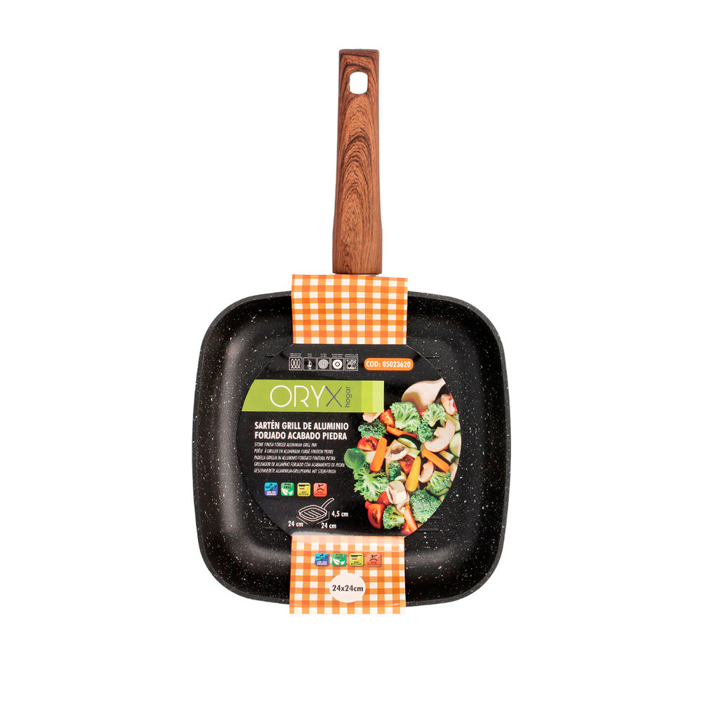 Sarten aluminio forjado antiadherente 24x24x4,5 cm mango engomado / 5 capas / acabado piedra / todo tipo de cocinas / grill
