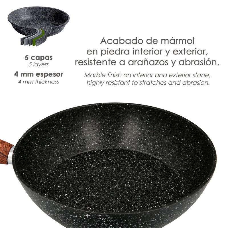 Sartén aluminio forjado antiadherente ø 24 x 7 cm. mango engomado / 5 capas / acabado piedra / apta para todo tipo de cocinas