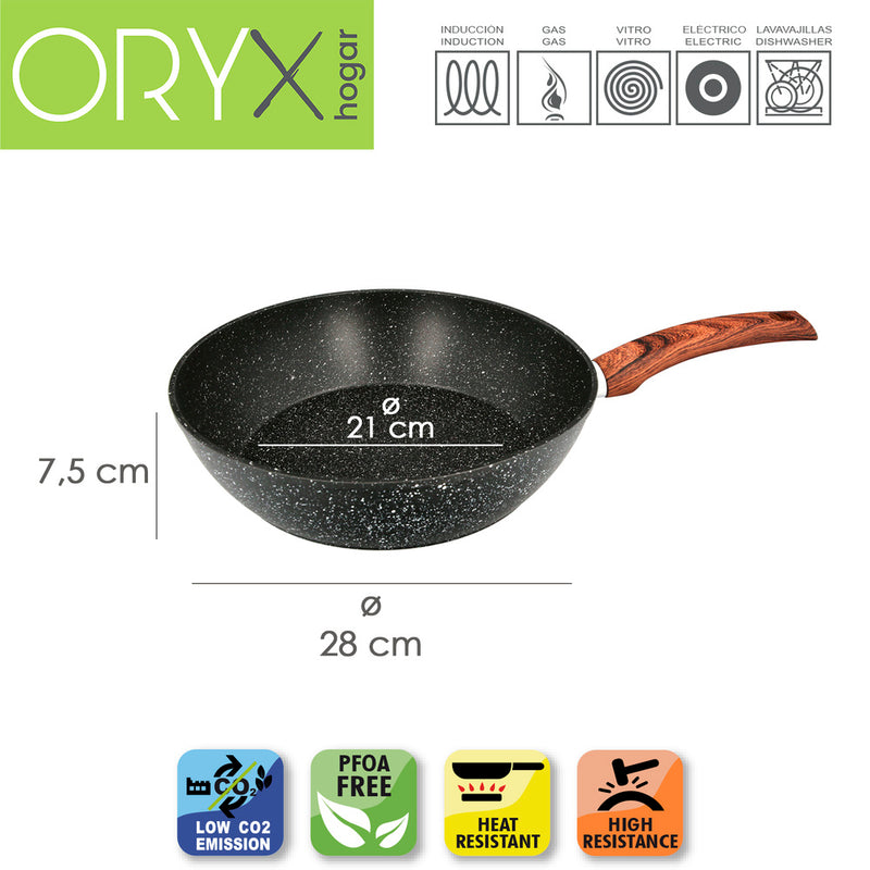 Sartén honda aluminio forjado antiadherente ø 28x7,5 cm. mango engomado / 5 capas / acabado piedra / para todo tipo de cocinas