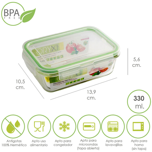 Recipiente hermetico cristal rectangular  330 ml. 13.9 x 10.5 x 5.6 (alt) cm