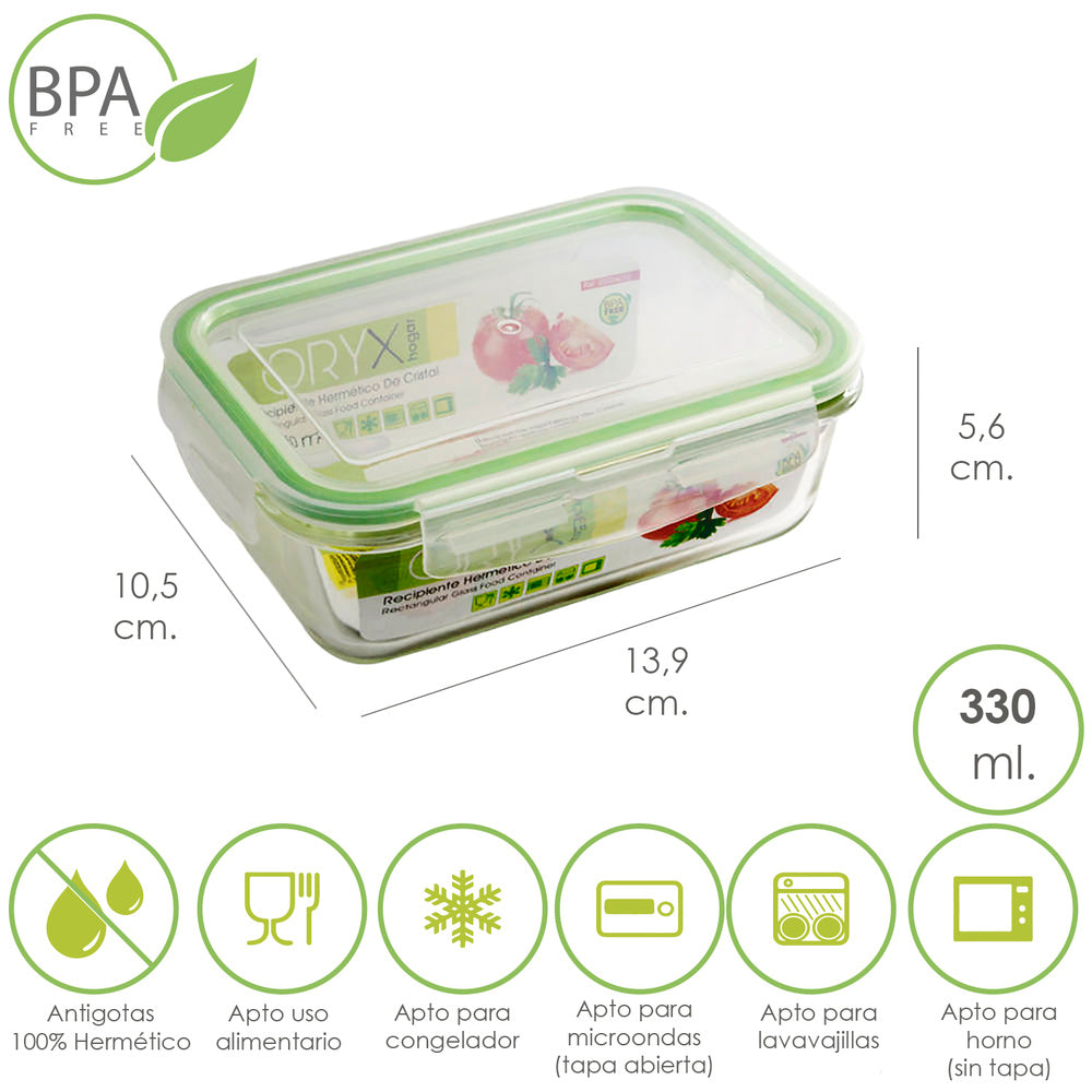 Airtight rectangular glass container 330 ml. 13.9 x 10.5 x 5.6 (h) cm