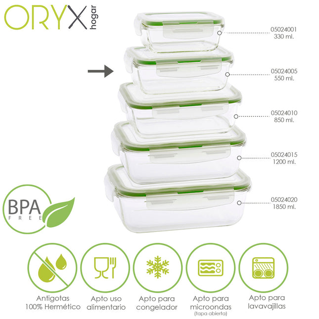 Recipiente hermetico cristal rectangular 550 ml. 16.7 x 11.8 x 6.2 (alt) cm