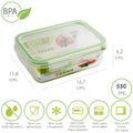 Recipiente hermético cristal rectangular 550 ml. 16.7 x 11.8 x 6.2 (alt) cm