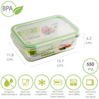 Recipiente hermético cristal rectangular 550 ml. 16.7 x 11.8 x 6.2 (alt) cm