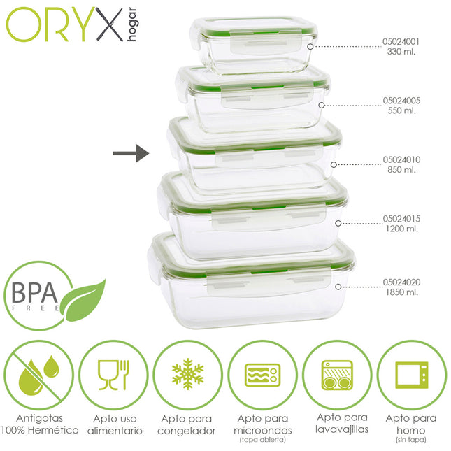 Recipiente hermetico cristal rectangular 850 ml. 19.5 x 13.3 x 6.7 (alt) cm