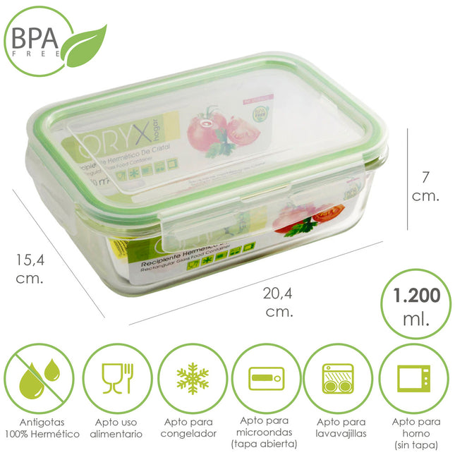 Recipiente hermetico cristal rectangular 1200 ml. 20.4 x 15.4 x 7 (alt) cm
