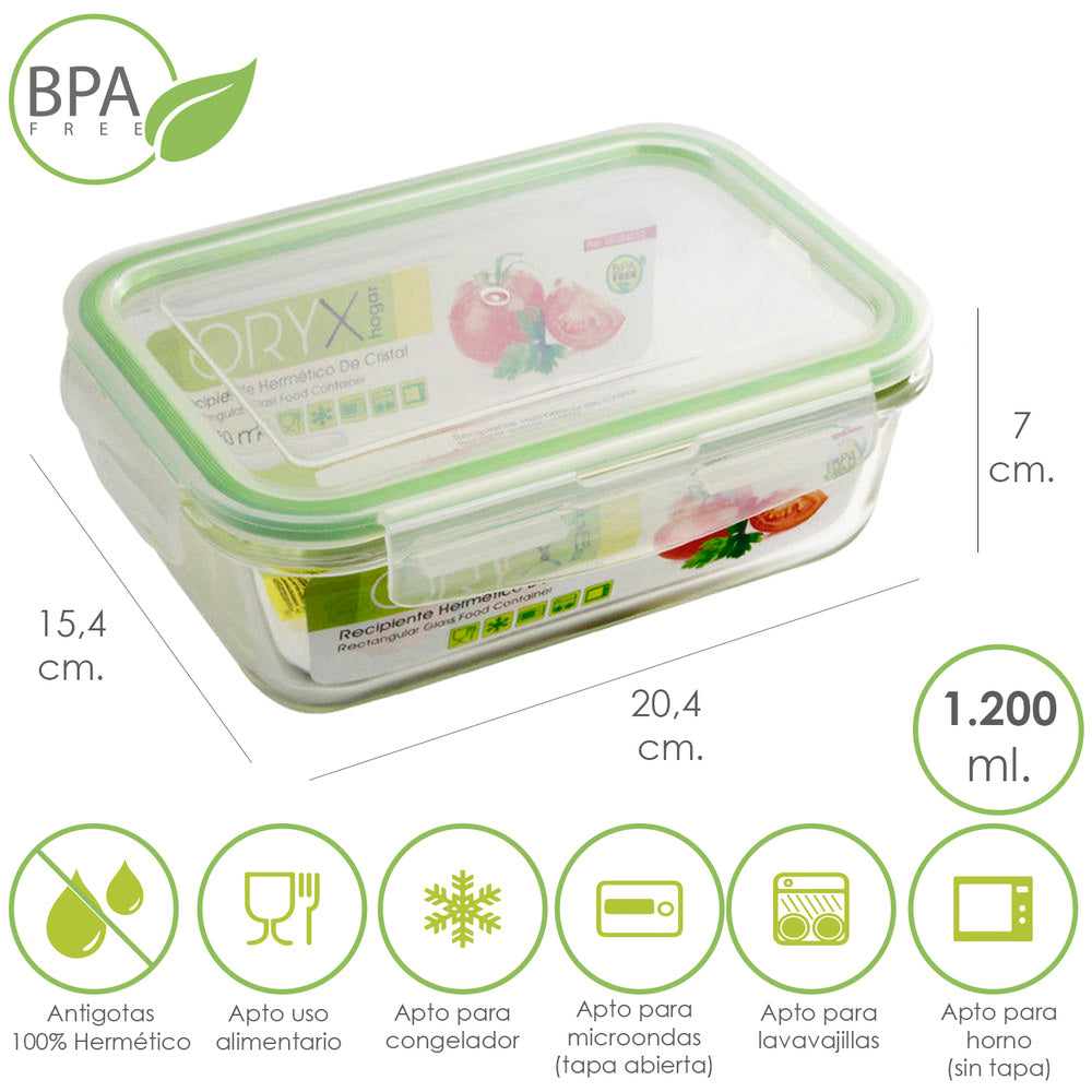 Airtight rectangular glass container 1200 ml. 20.4 x 15.4 x 7 (H) cm