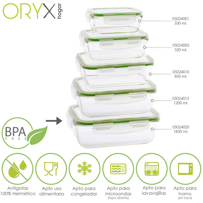 Recipiente hermetico cristal rectangular 1850 ml. 23 x 16.5 x 8.5 (alt) cm