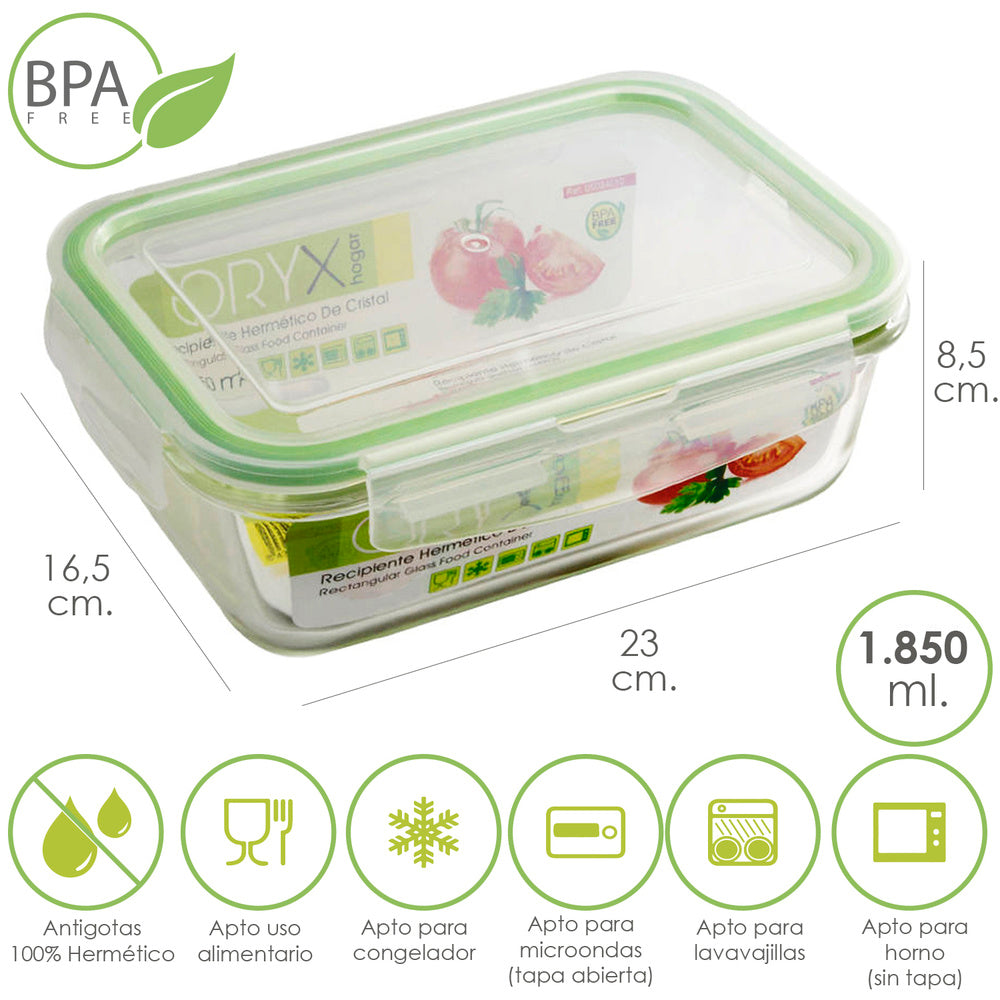 Rectangular airtight glass container 1850 ml. 23 x 16.5 x 8.5 (H) cm