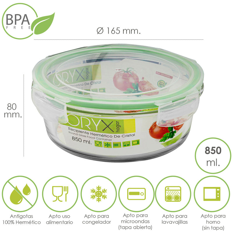 Recipiente hermetico cristal redondo 850 ml. ø 165 x 8 (alt) cm