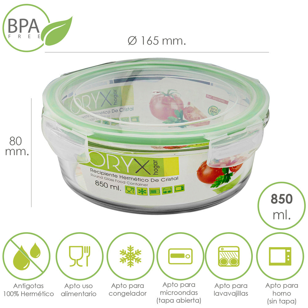 Round airtight glass container 850 ml. Ø 165 x 8 (H) cm