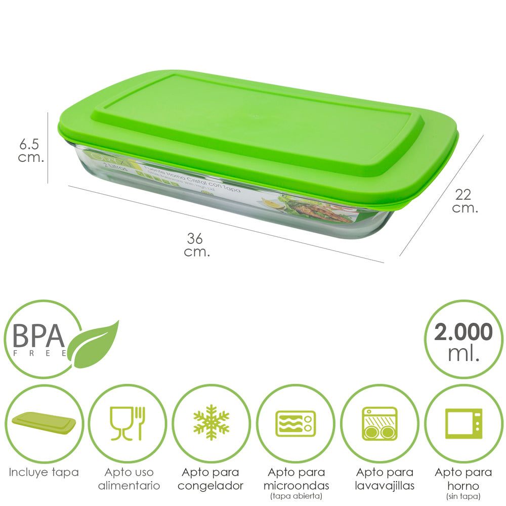 Fuente cristal rectangular con tapa 2 litros 36 x 22 x 6.5 (alt) cm