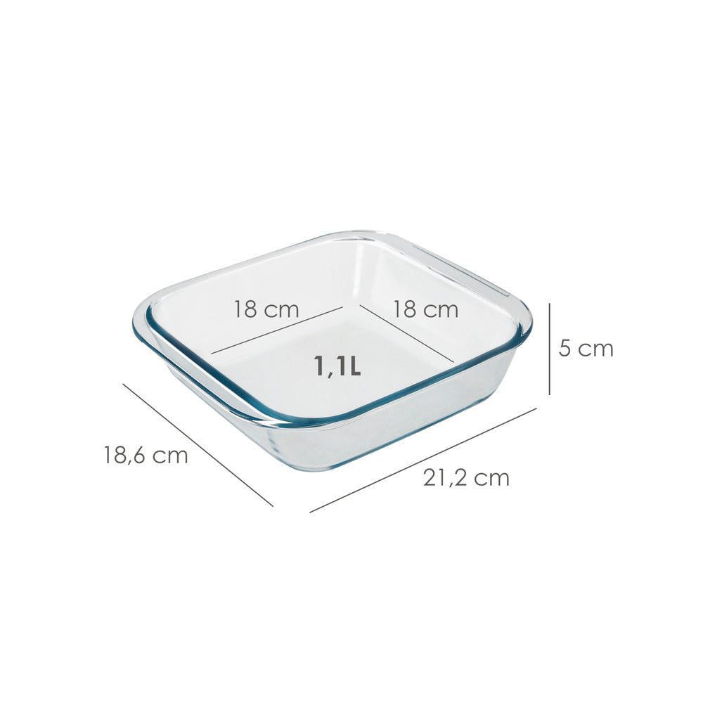 Square borosilicate glass oven dish 1.1 liters. 18x18 cm ideal for mixing, salads, desserts, cooking, baking. BPA free.