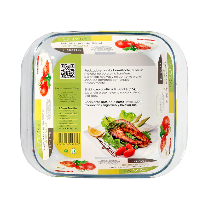 Fuente horno cristal borosilicato cuadrada 1,1litros. 18x18 cm. ideal meclas, ensaladas, postres, cocina, resposteria. libre BPA
