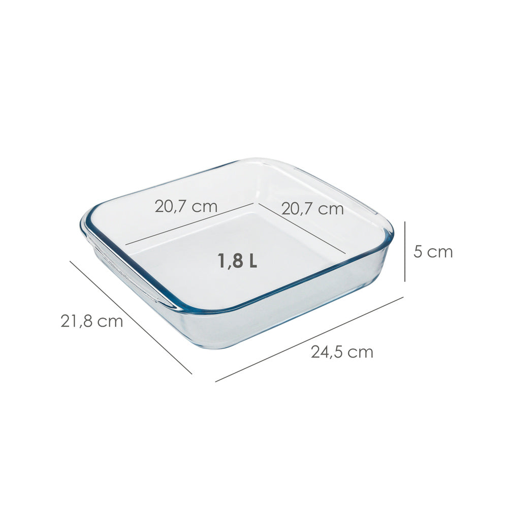 Borosilicate glass square oven dish 1.8 L. 20.7x20.7 cm ideal for mixes, salads, desserts, cooking, baking. BPA-free