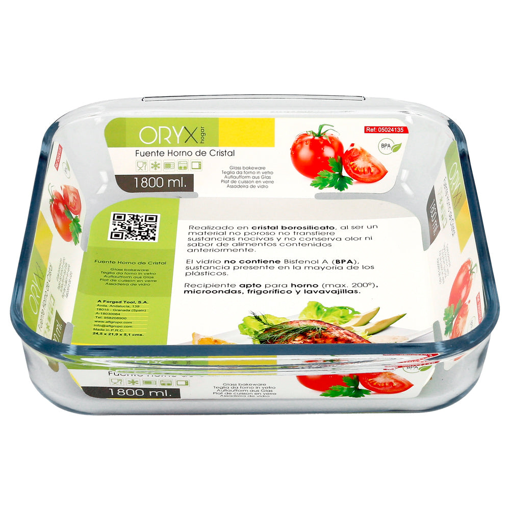 Fuente horno cristal borosilicato cuadrada 1,8 l. 20,7x20,7 cm ideal meclas, ensaladas, postres, cocina, resposteria. Libre bpa