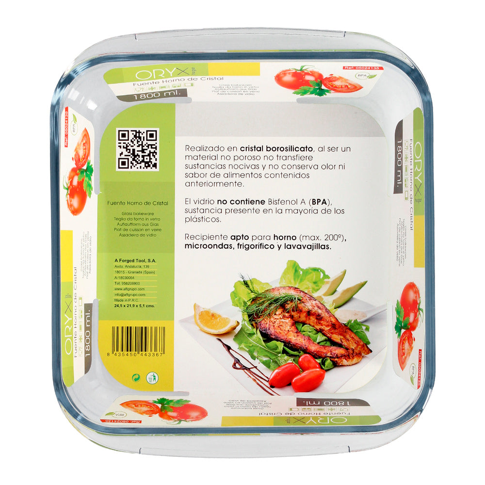 Borosilicate glass square oven dish 1.8 L. 20.7x20.7 cm ideal for mixes, salads, desserts, cooking, baking. BPA-free