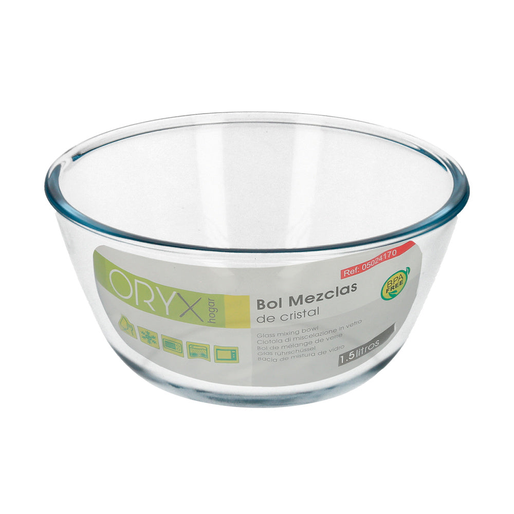 Glass bowl, ideal for mixing. 1.5 liters. BPA-free, borosilicate glass. Salads, desserts, cooking, baking.