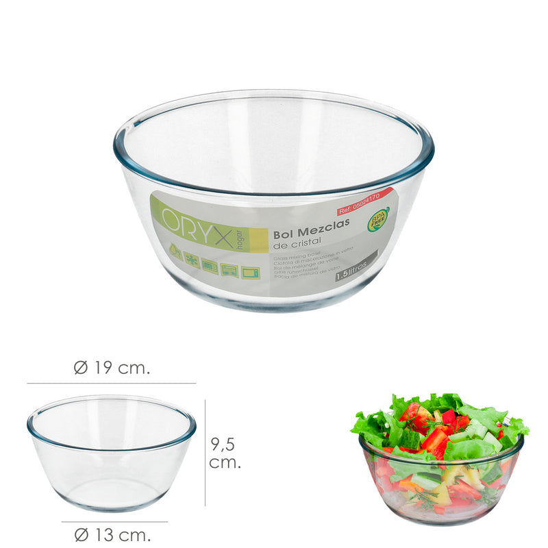 Bol de cristal, ideal para mezclas. 1.5 litros. libre BPA, cristal de borosilicato.ensaladas, postres, cocina, resposteria
