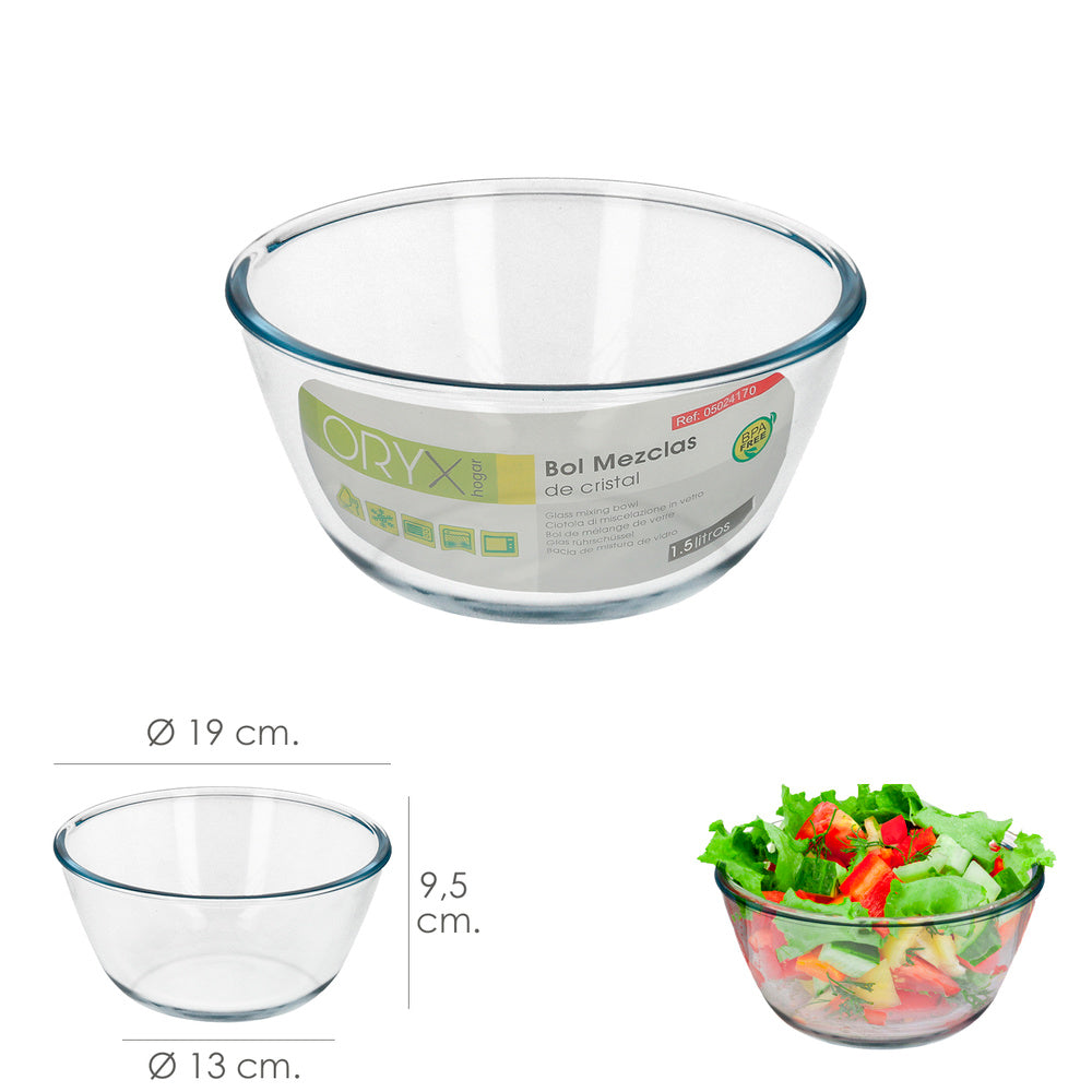 Glass bowl, ideal for mixing. 1.5 liters. BPA-free, borosilicate glass. Salads, desserts, cooking, baking.