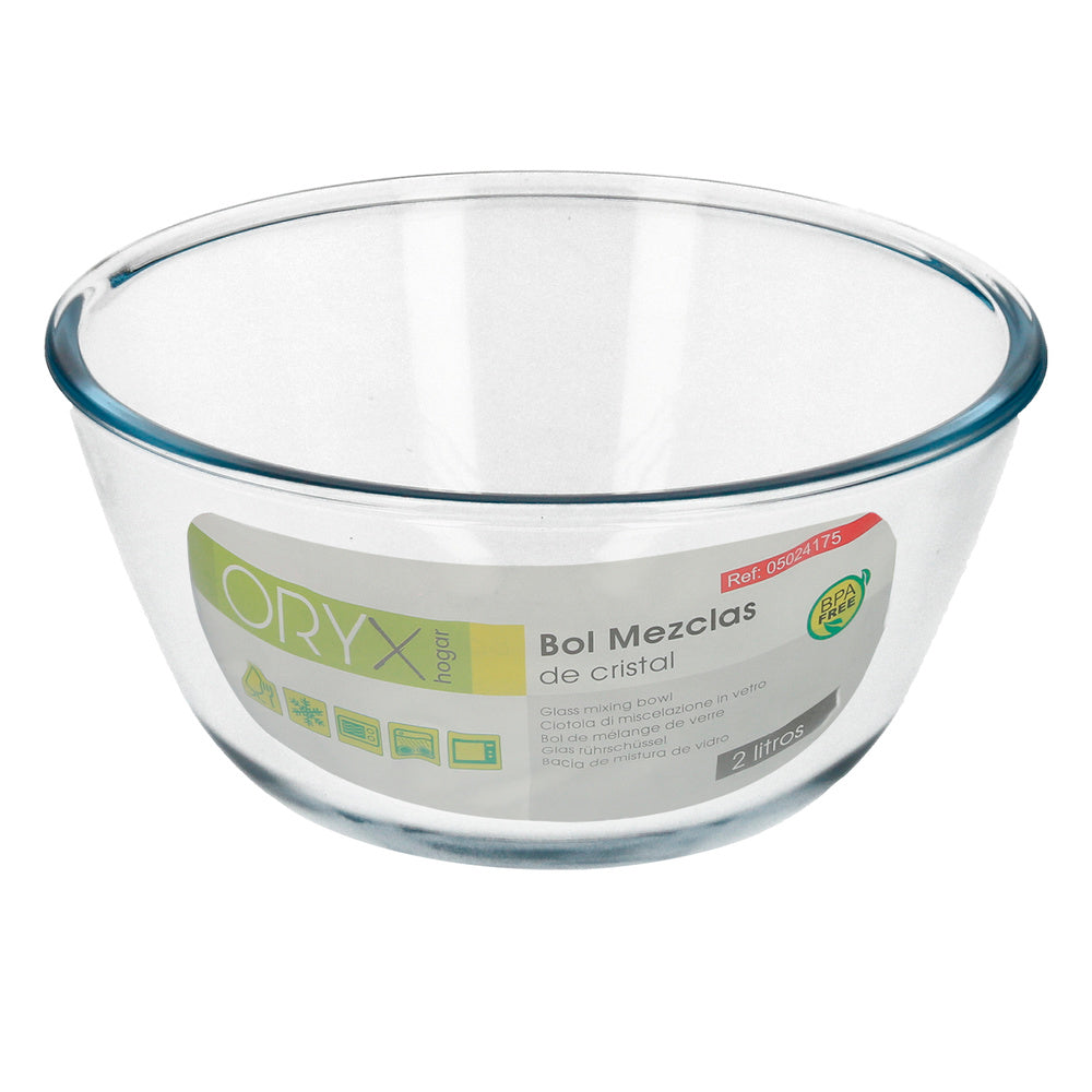 Glass bowl, ideal for mixing. 2.0 liters. BPA-free, borosilicate glass. Salads, desserts, cooking, baking