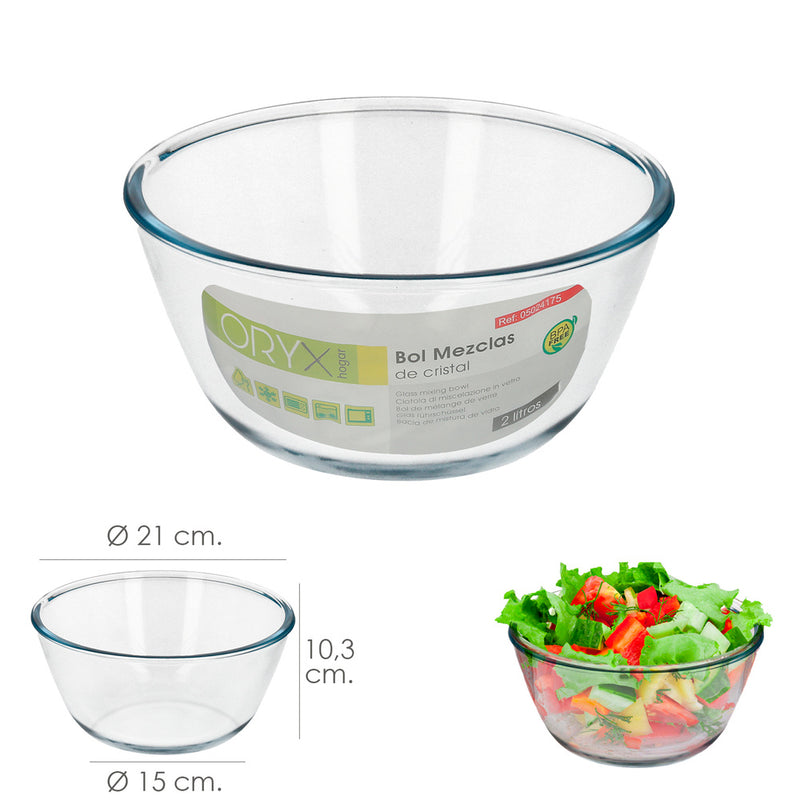 Bol de cristal, ideal para mezclas. 2.0 litros. libre BPA, cristal de borosilicato.ensaladas, postres, cocina, resposteria