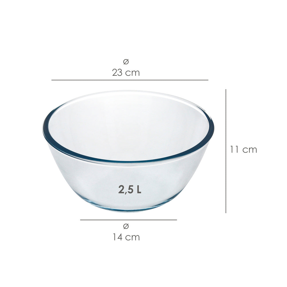 Glass bowl, ideal for mixing. 2.5 liters. BPA-free, borosilicate glass. Salads, desserts, cooking, baking