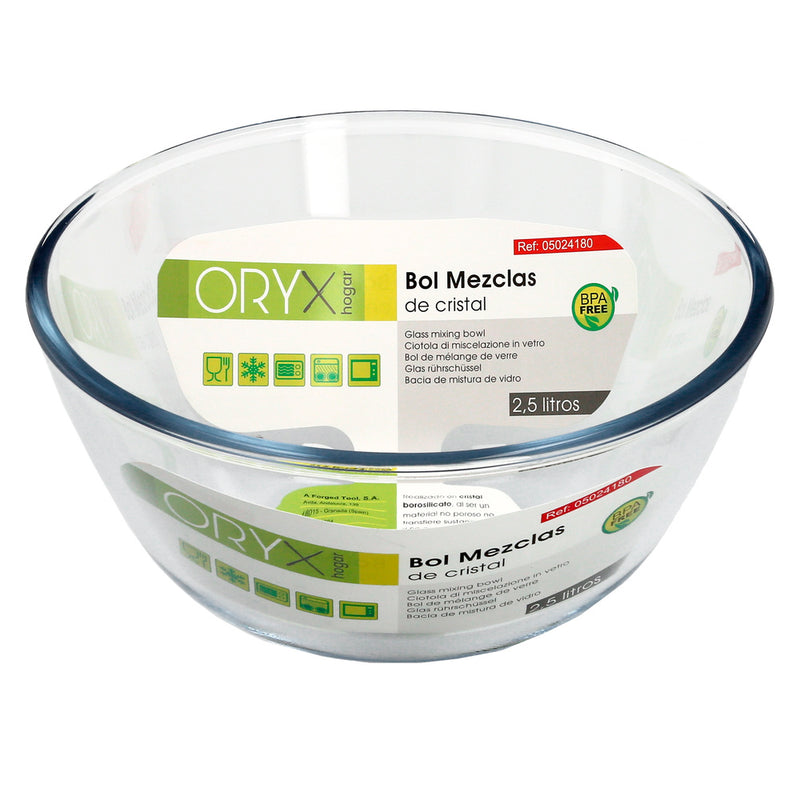 Bol de cristal, ideal para mezclas. 2.5 litros. libre BPA, cristal de borosilicato.ensaladas, postres, cocina, resposteria