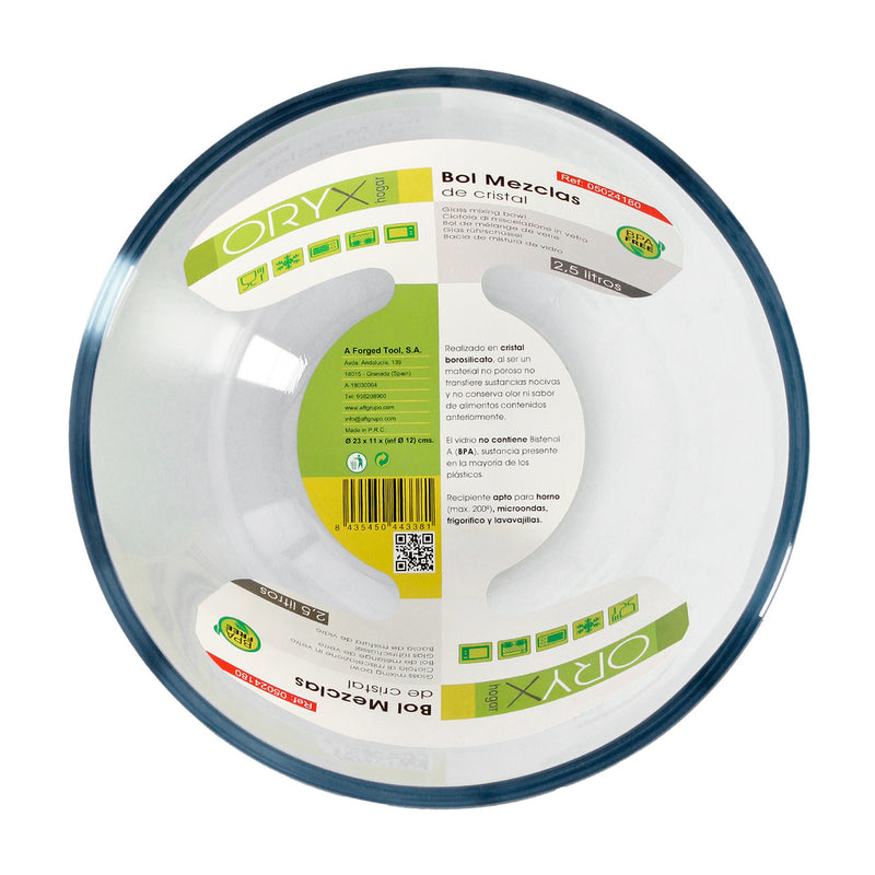 Bol de cristal, ideal para mezclas. 2.5 litros. libre BPA, cristal de borosilicato.ensaladas, postres, cocina, resposteria