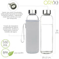 Garrafa de água de vidro 550 ml. Capa de neopreno com pega. Sem BPA