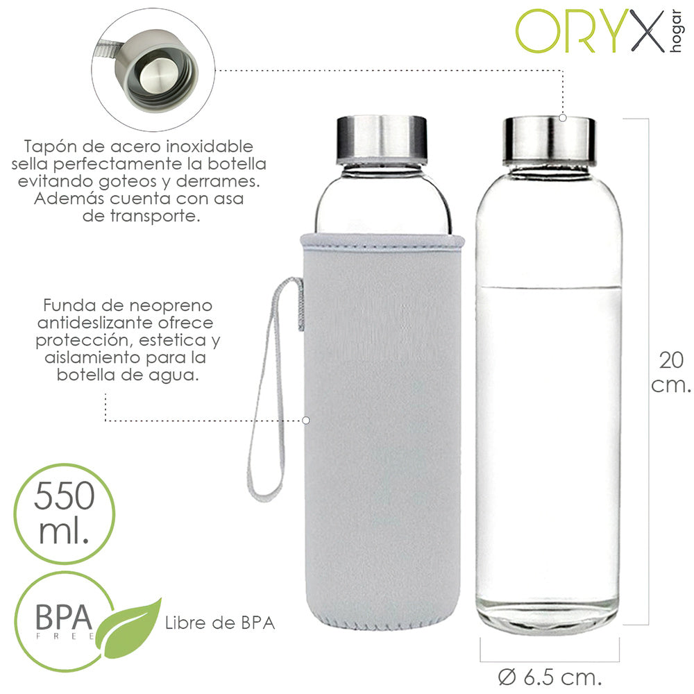 550ml glass water bottle. Neoprene sleeve with handle. BPA-free