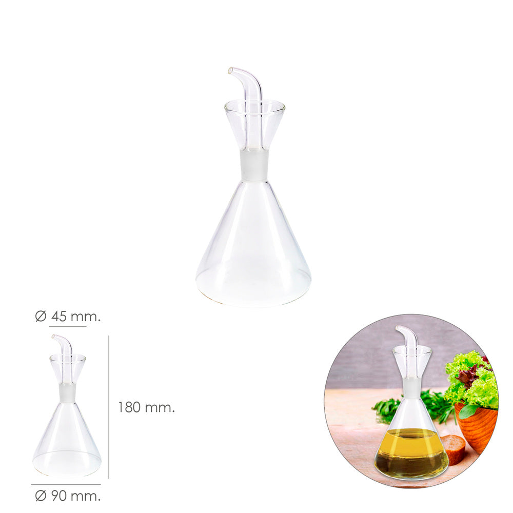Glass oil cruet with anti-drip system, 250 ml capacity.